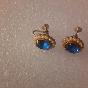 Vintage Blue and Gold Clip-On Earrings With Pearl Trim